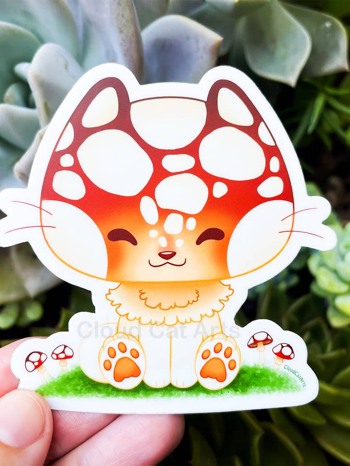Mashiru Mushroom Kitty - Forest Cat - Vinyl Sticker for wholesale by Cloud Cat Arts