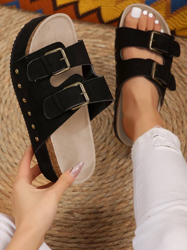 Threaded Pear – Engroshandel sandal - Dame – Sandaltøfler i ruskind med spænde og fodseng5