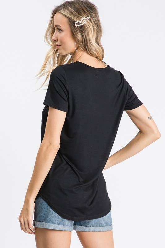 7th Ray - Venta al por mayor Camiseta - Mujer - Top de manga corta con cuello en V sólido, ribete de lentejuelas y bolsillo frontal T31625