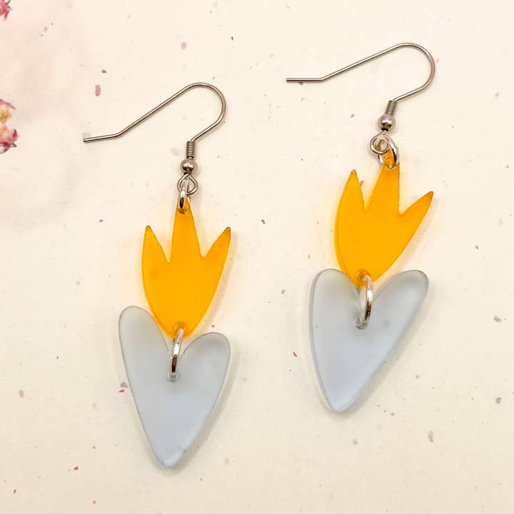 (Blue/Yellow) Flaming Heart Charm Acrylic Earrings for wholesale by Hoity Toity Goods