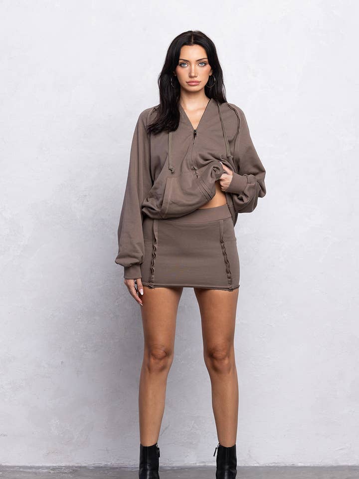 No Vacancy - Wholesale Top & Skirt Set - Women's - Raw stitch detail loose fit zip up and mini skirt set