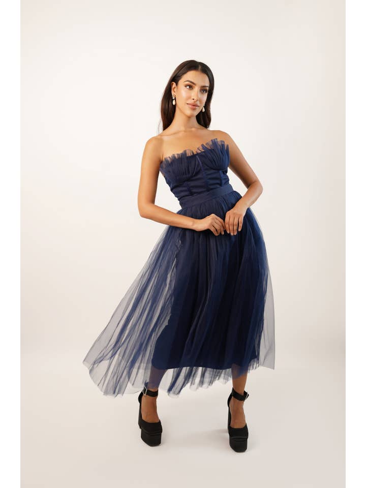 Nimo Dark Blue Tulle Midi Dress with Shell Cups for wholesale on Faire