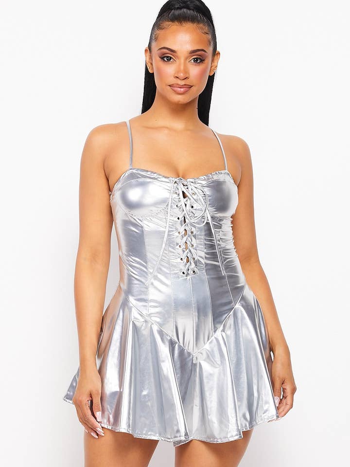 Show Stopper Metallic-PU-Strampler mit Schnürung (HDR27902) für den Großhandel von Hot & Delicious