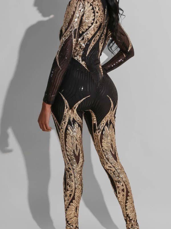 Aria Romance - Wholesale Jumpsuit - Women's - Glamorous Sequin Upscale Women's Long-Sleeved See-Through Jumpsuit