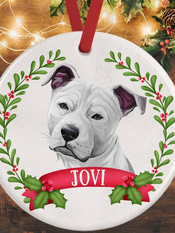 White Staffordshire Bull Terrier Christmas Decoration for wholesale by WagATudeTags