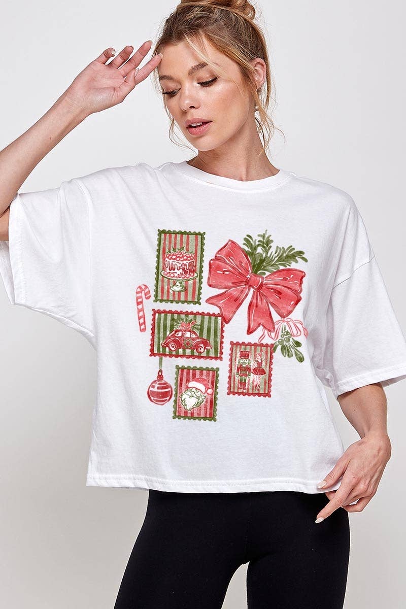 COLORBEAR - Wholesale T-Shirt (Graphic) - Women's - Christmas Stamps Graphic Relaxed Crop Top0
