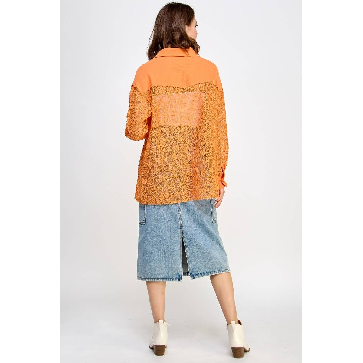 Veveret - Vente Chemise à col boutonné – femme - Chemise en gaze transparente en dentelle brodée6