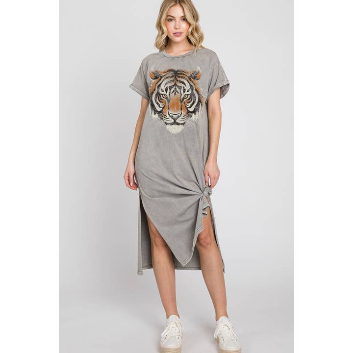 HRTandLUV – Großhandel Kleid – Damen – TIGER-KLEID MIT MINERALMUSTER UND GROSSEM GESICHT