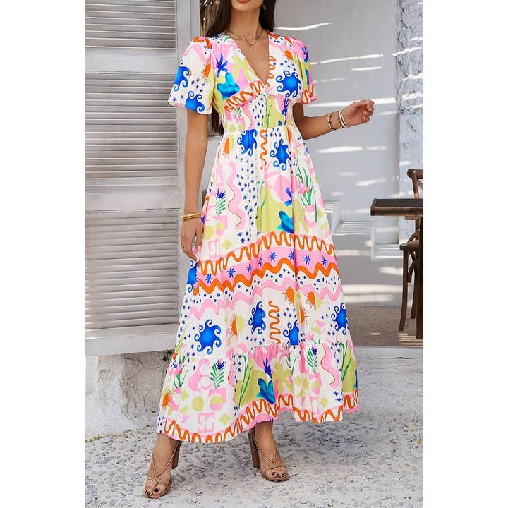 Elings - Wholesale Dress - Women's - Allover Print Deep V Elastic Waist Band Maxi Dress11