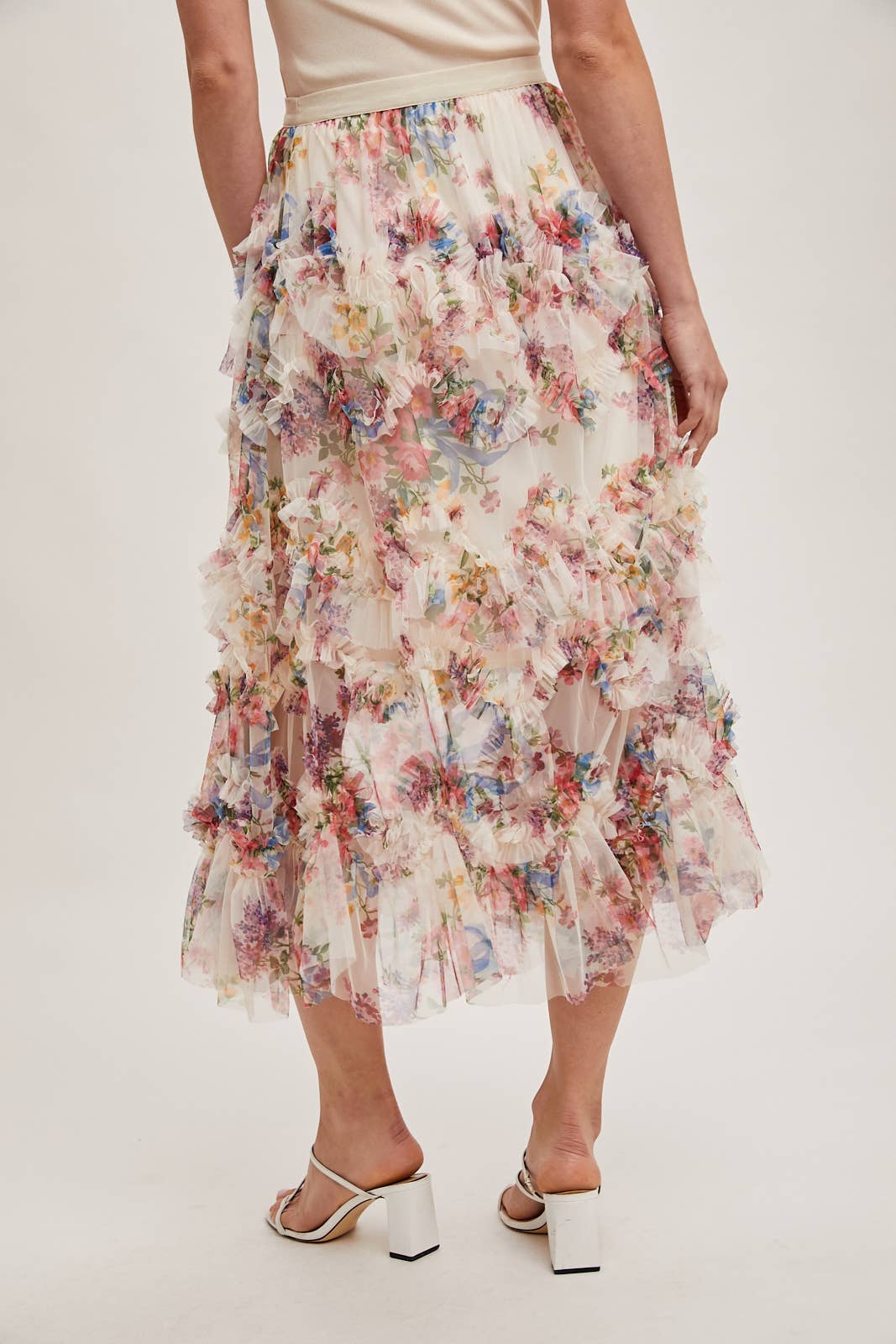 Bluivy - Wholesale Skirt - Women's - FLORAL RUFFLED MESH MIDI SKIRT5