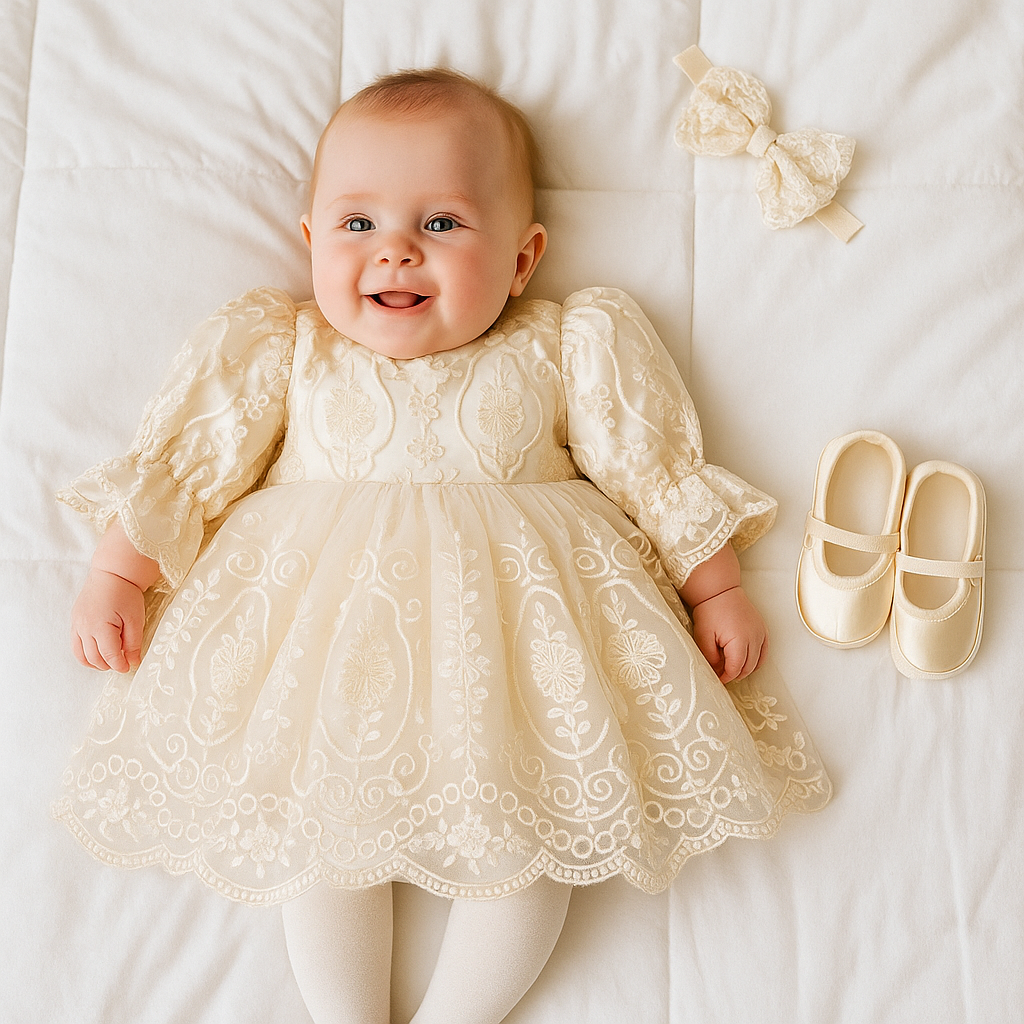 Omnis Pura – wholesale Clothing set – Baby – Baby Girl Christening Set – 4-Pcs Neutral Lace Baptism1