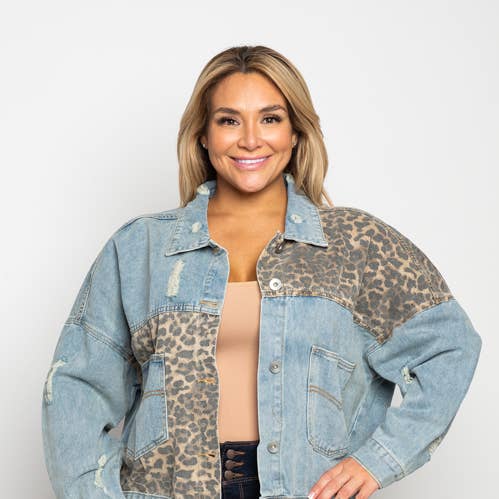GIACCA IN DENIM PATCHWORK LEOPARDATO TAGLIE FORTI per la vendita all'ingrosso da parte di Curve Market