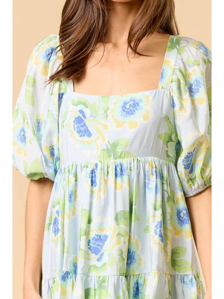 Lalavon - Wholesale Dress - Women's - ILD5068 SQUARE NECK PUFF SLEEVE RUFFLED MINI DRESS