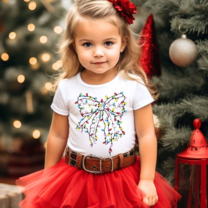AvaryMaeInspirations - Wholesale Screen Printed T-Shirt - Kids - Christmas Bow with Lights Girls Tee Shirt