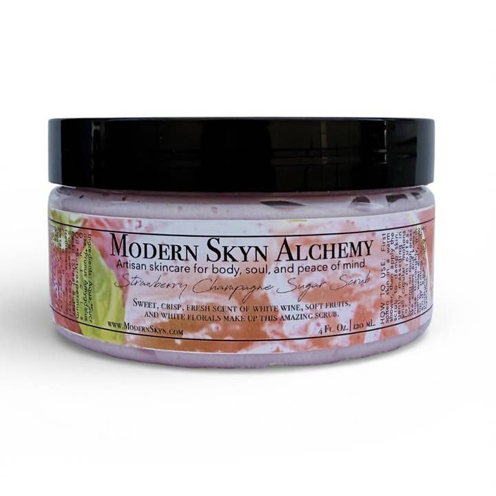 Strawberry Champagne Sugar Scrub for wholesale by Modern Skyn Alchemy LLC.