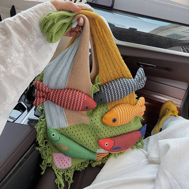 Sac fourre-tout tricoté pour femmes, patchwork de poisson mignon, grande capacité, sac seau décontracté pour la vente par SALINA TRADING INC
