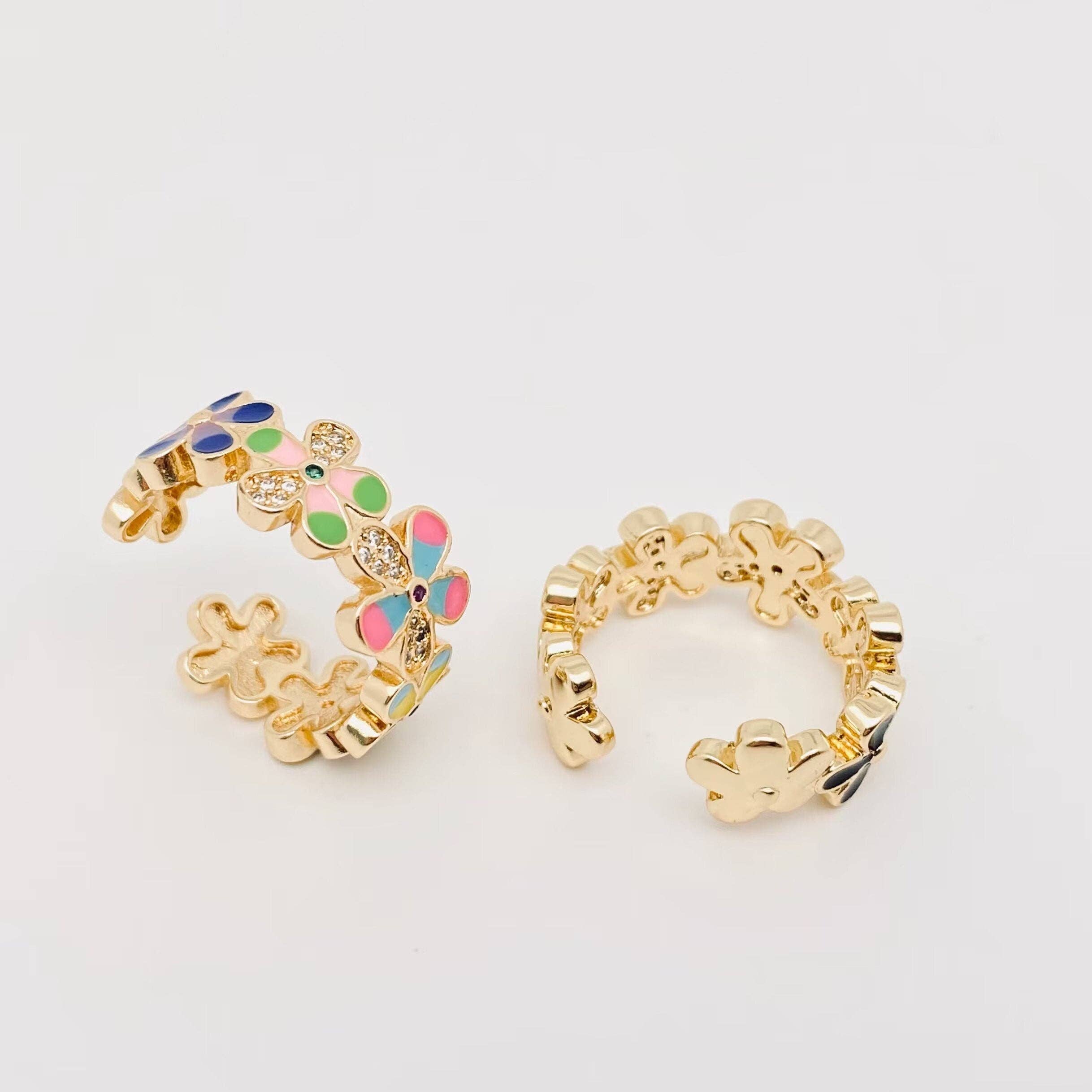 Mio Queena - Wholesale Cocktail/Statement Ring - Enamel Flower Gold Plated Adjustable Ring2