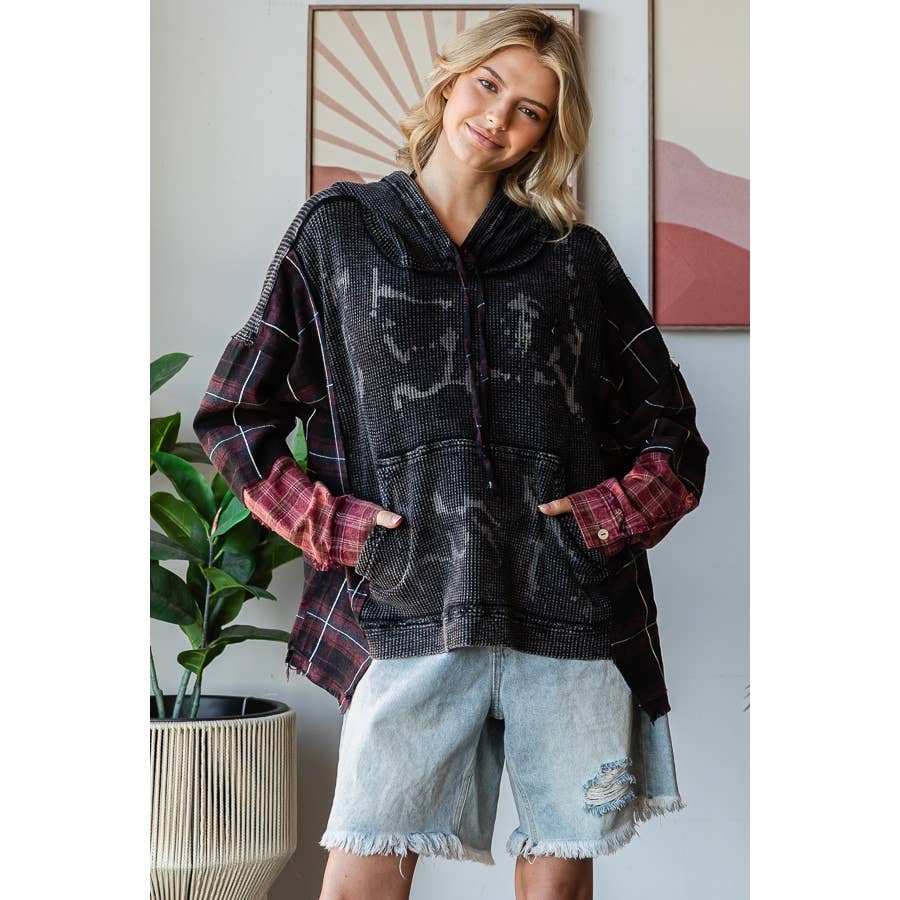 Oli&Hali – wholesale Hoodie - Dam – TVÄTTAD TYGBLANDAD HUVTRÖJA MED RUTIGT MÖNSTER3