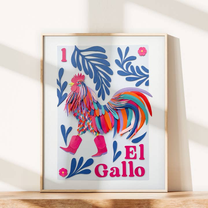 El Gallo, Mexican Loteria-Inspired Photo Print of Paper Art for wholesale by ACira Studio LLC
