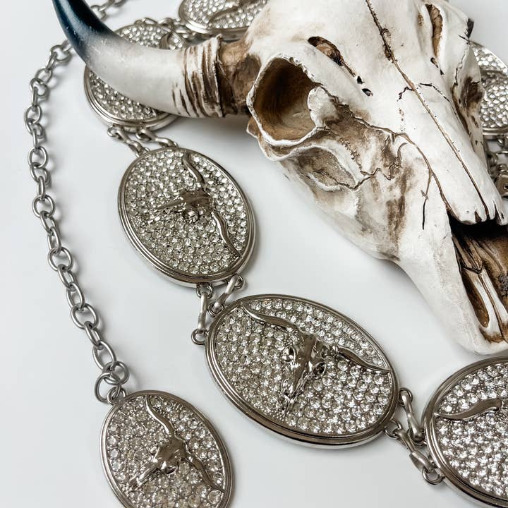 Boho Ranch Shop - Vente Ceinture – femme - Ceinture à chaîne western Bling Longhorn Steer Statement1