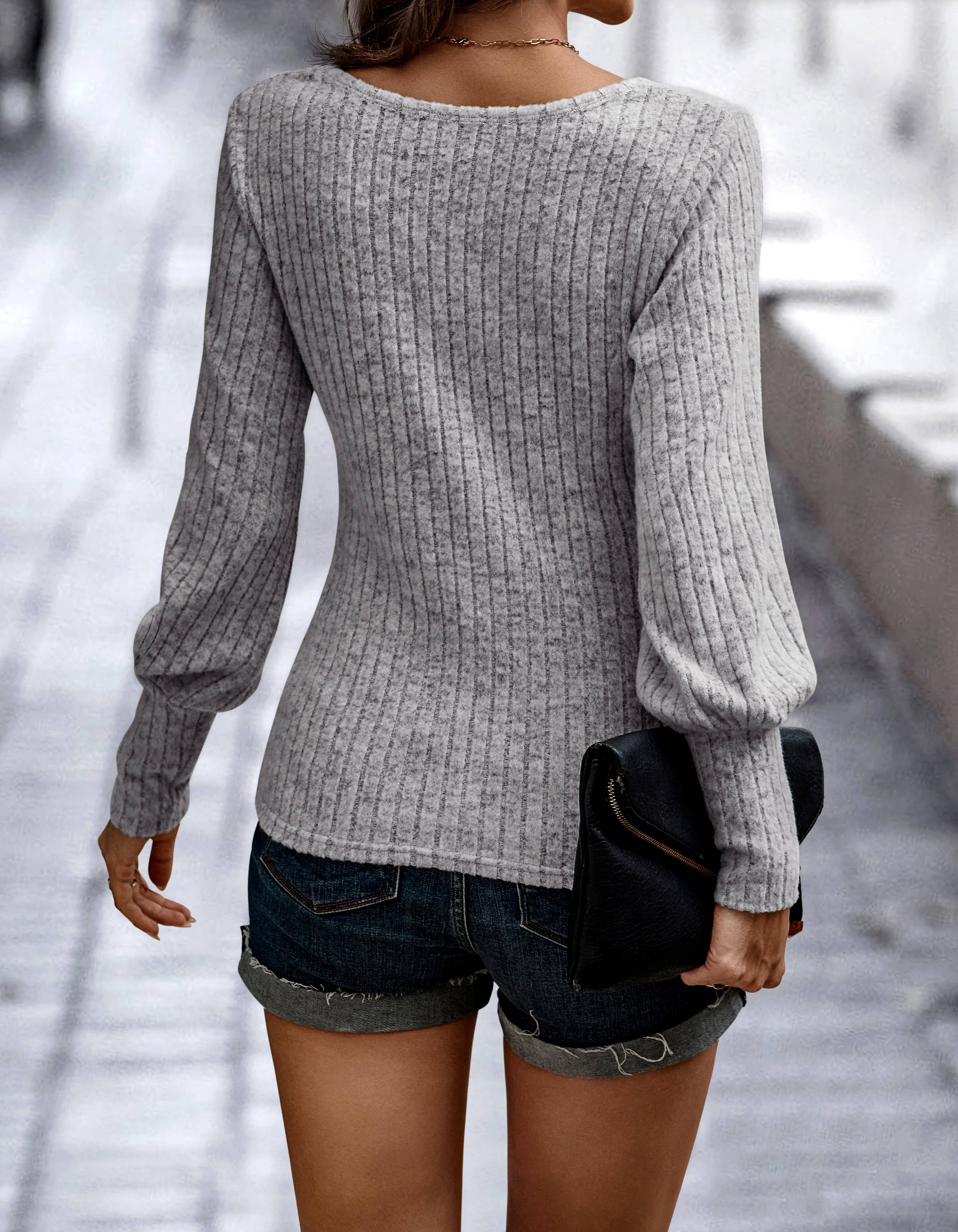 eLook - Wholesale Knit Top - Women's - SZ1-TP2109 Soft Ribbed Knit Bishop Sleeve Top25