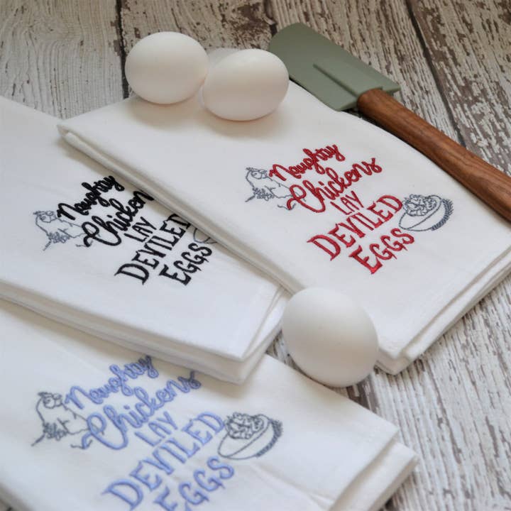 Naughty Chickens Tea Towel - Embroidered Floursack Towel for wholesale by SewMuchMoreStore