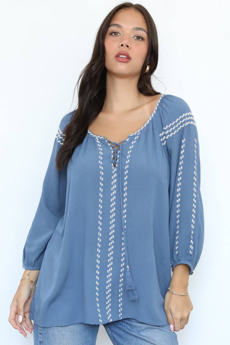 Nostalgia - Wholesale Blouse - Women's - N2M93-ASIS EMBROIDERED TIE NECK BLOUSE1