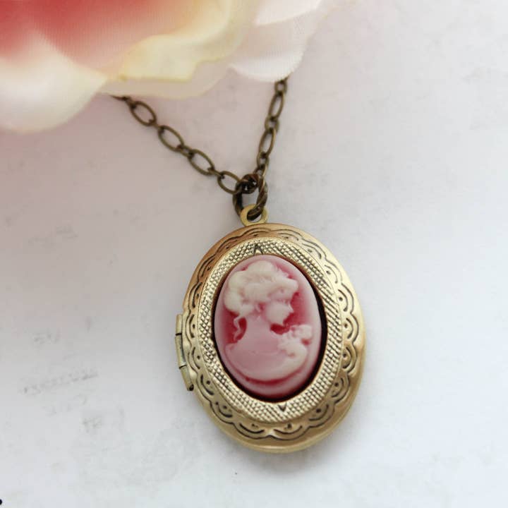 A Pocket of Posies - Wholesale Locket Necklace - Cameo Locket Necklace - Red Lady