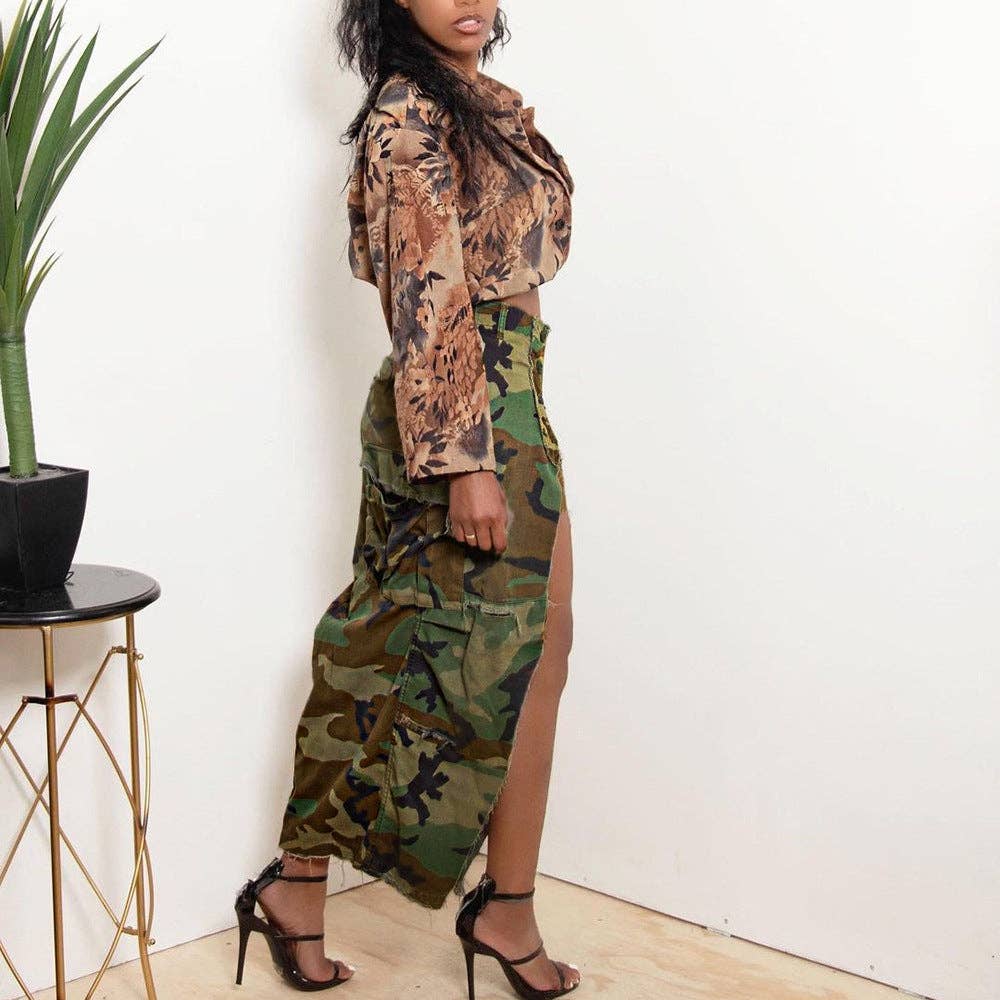 MB FASHION High-Waisted Camo Cargo Skirt with Slit 8805LY for wholesale on Faire14