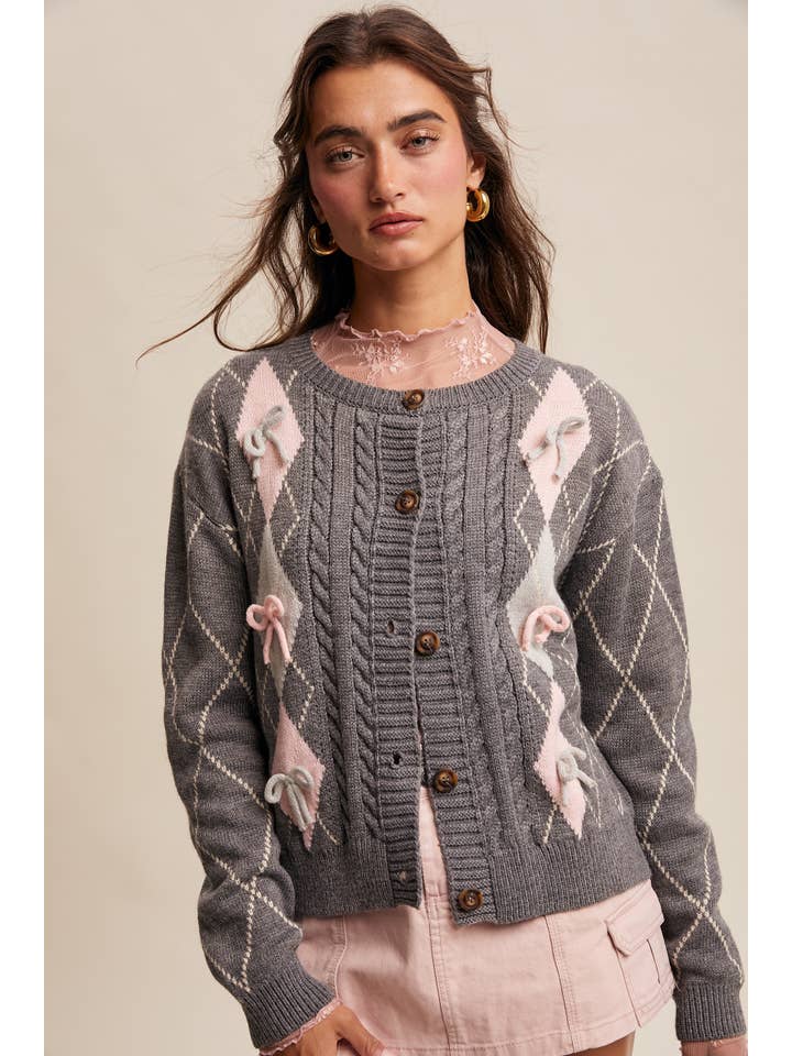 Listicle - Wholesale Cardigan - Women's - Argyle Bow Detail Knit Cardigan LSW0973 12