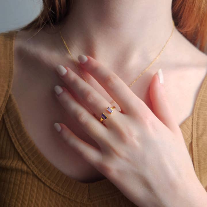 HolyBang Jewels - Wholesale Cocktail/Statement Ring - AMETHYST BAGUETTE CUFF RING - R-FT1170 AMETHYST1