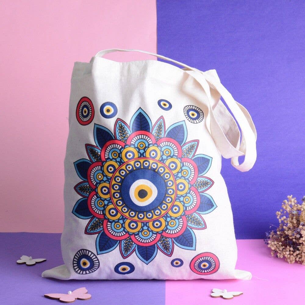 CRETE TRADING INC - Wholesale Tote Bag - Women's - Organic Cotton Tote Bag Evil Eye Design1