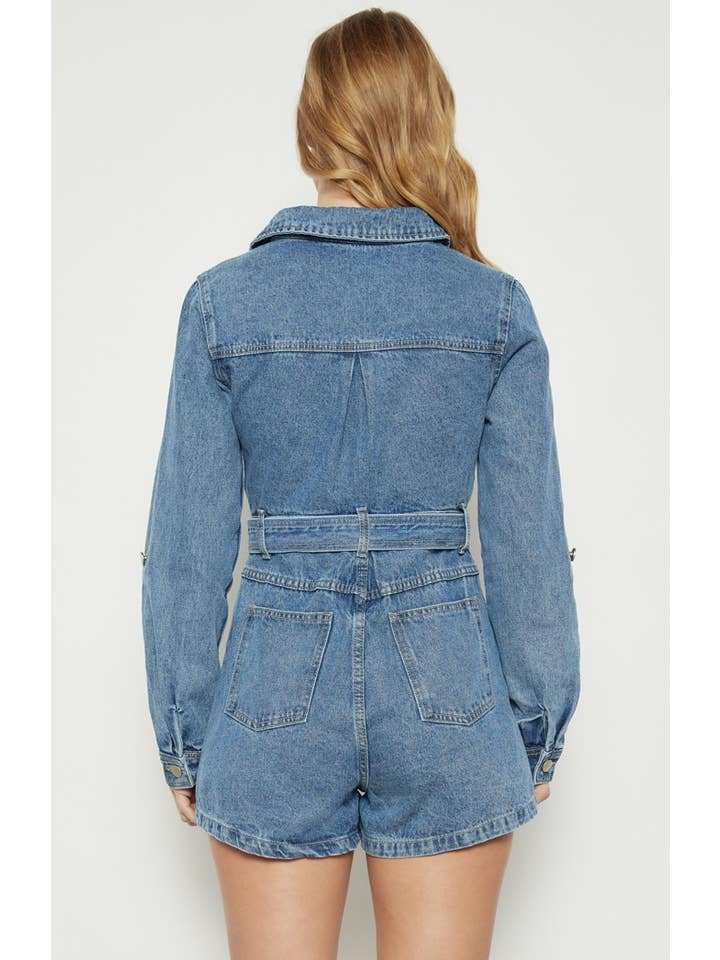Style State Wholesale - Wholesale Romper - Women's - Button Up Denim Playsuit with D-Ring Belt Detail