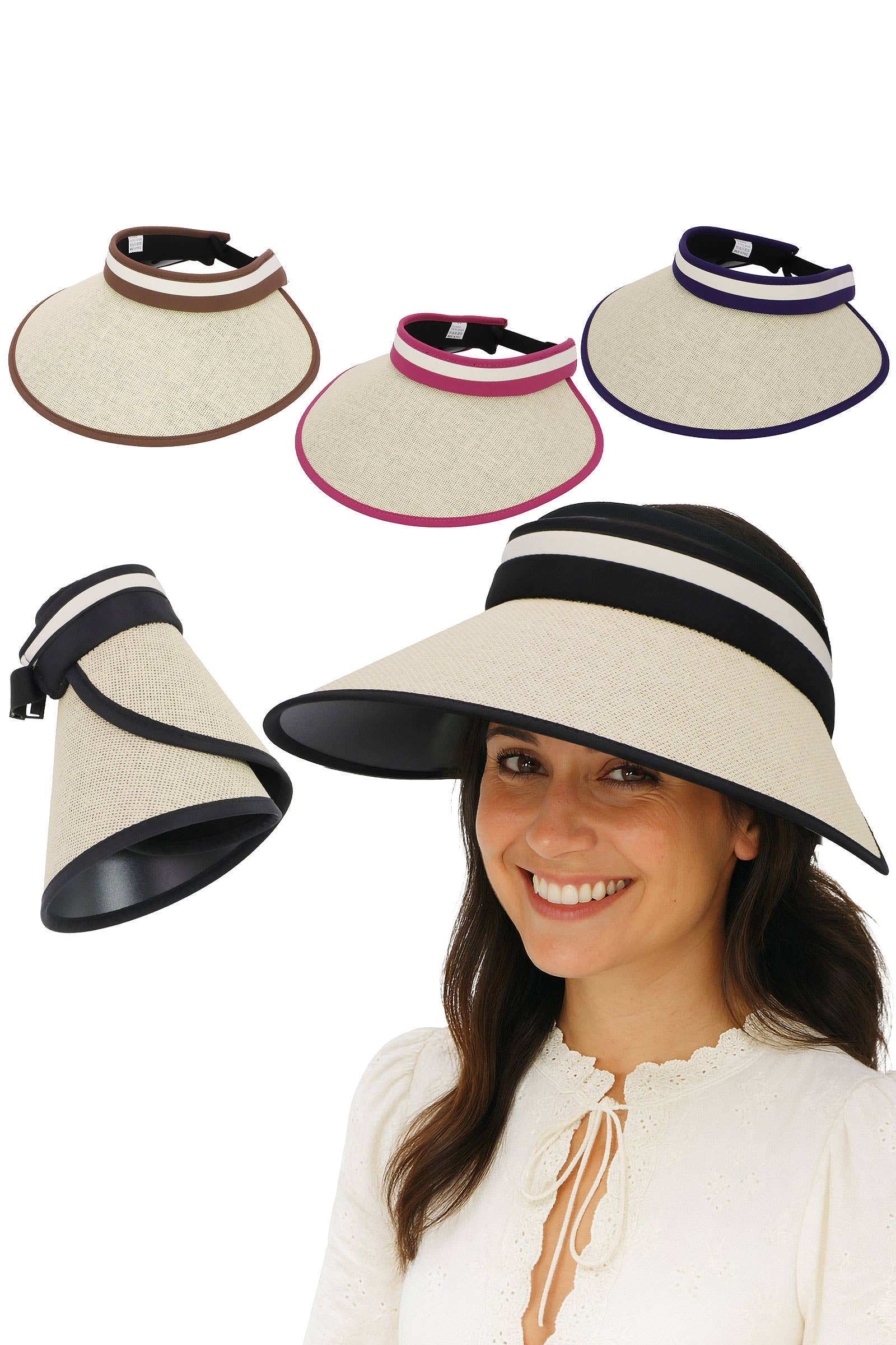 ASSORTED Stripe Paper Straw Roll-up Pack N Go Sun Visor for wholesale on Faire0