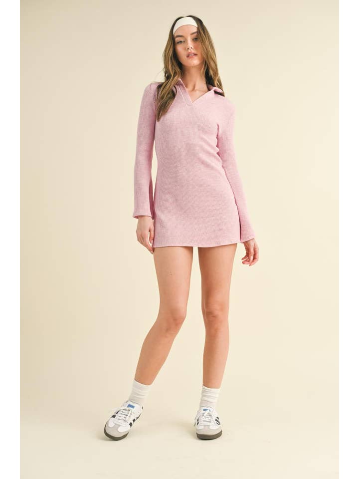 KIMBERLY C - Wholesale Dress - Women's - Waffle Knit Collared Bell Sleeve Dress