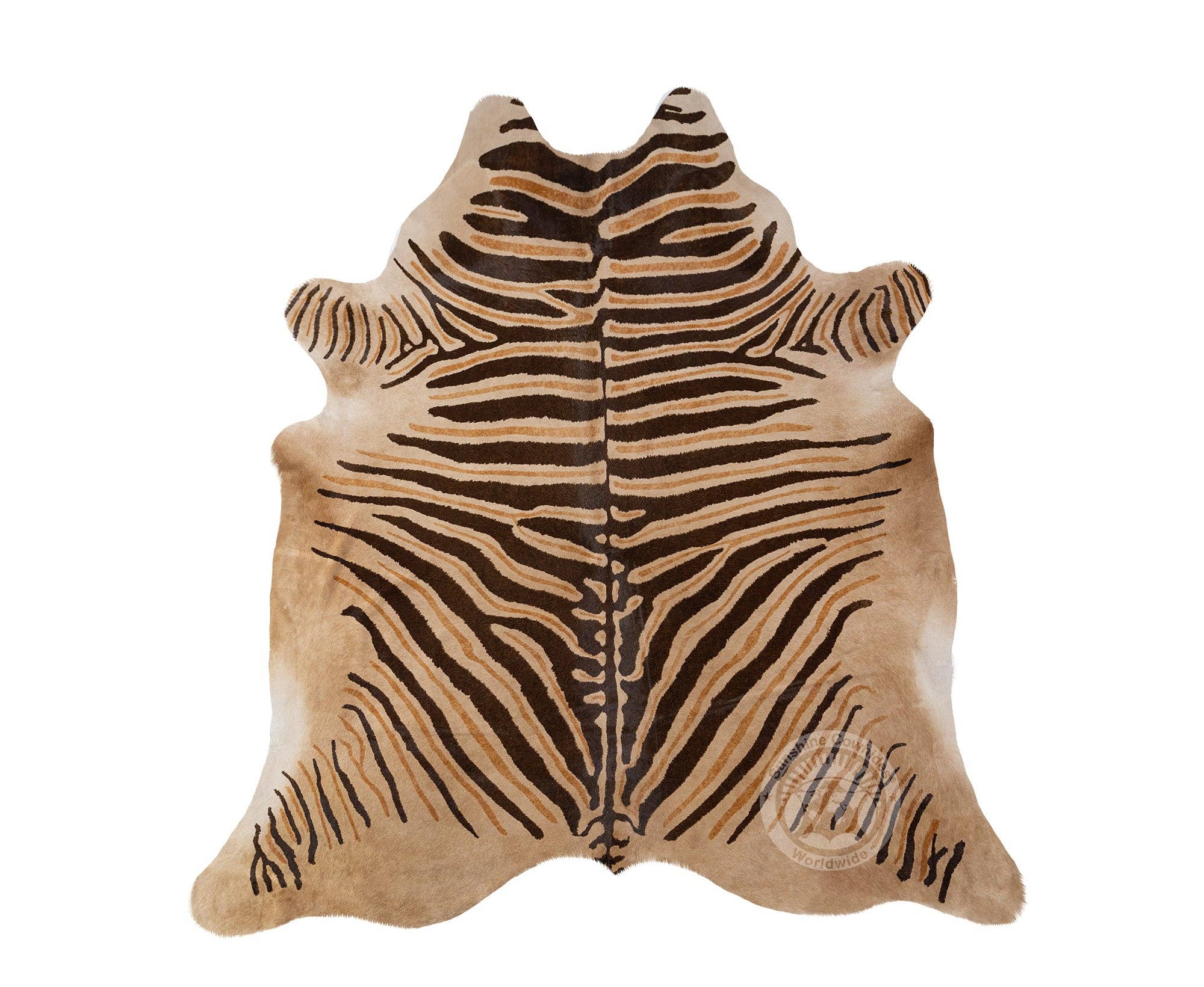 Brown Wild Zebra Stripes on Beige Cowhide Rug for wholesale on Faire0