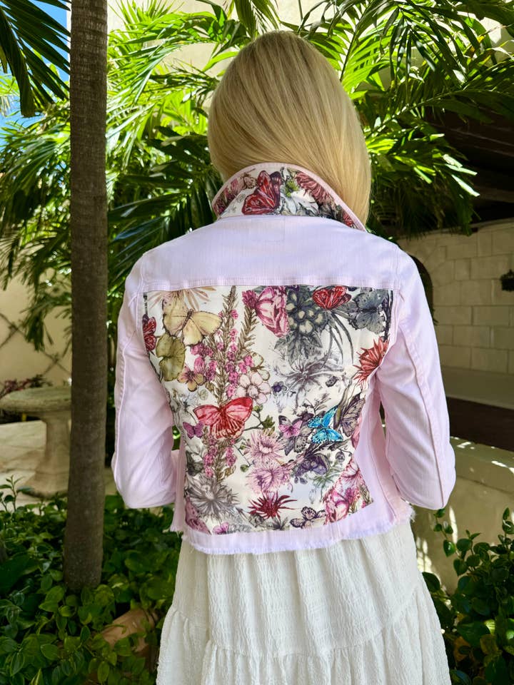 The Pink Denim Jacket / Adore Colorful Butterflies for wholesale by Stacy Bradley Design