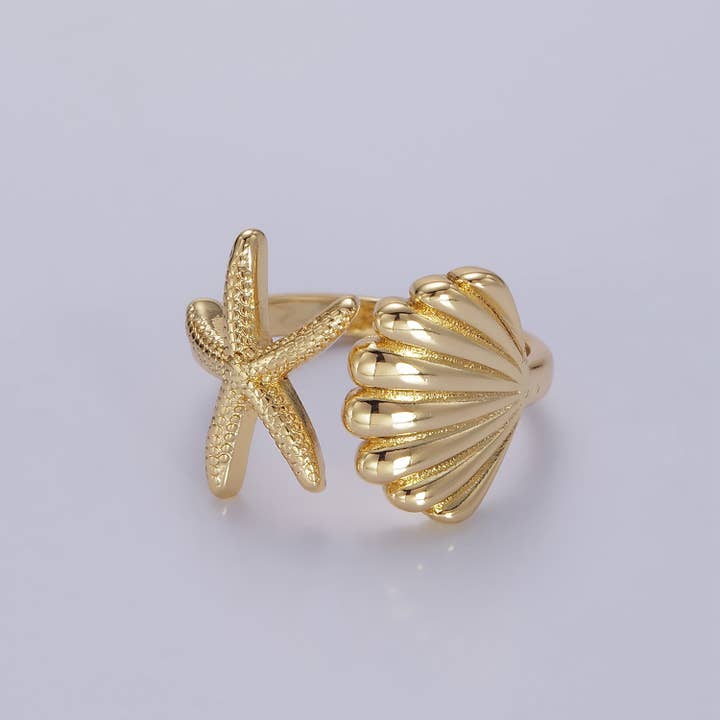 Aim Eternal - Wholesale Cocktail/Statement Ring - The Ariel Gold Clam Shell Star Fish Beach Adjustable Ring