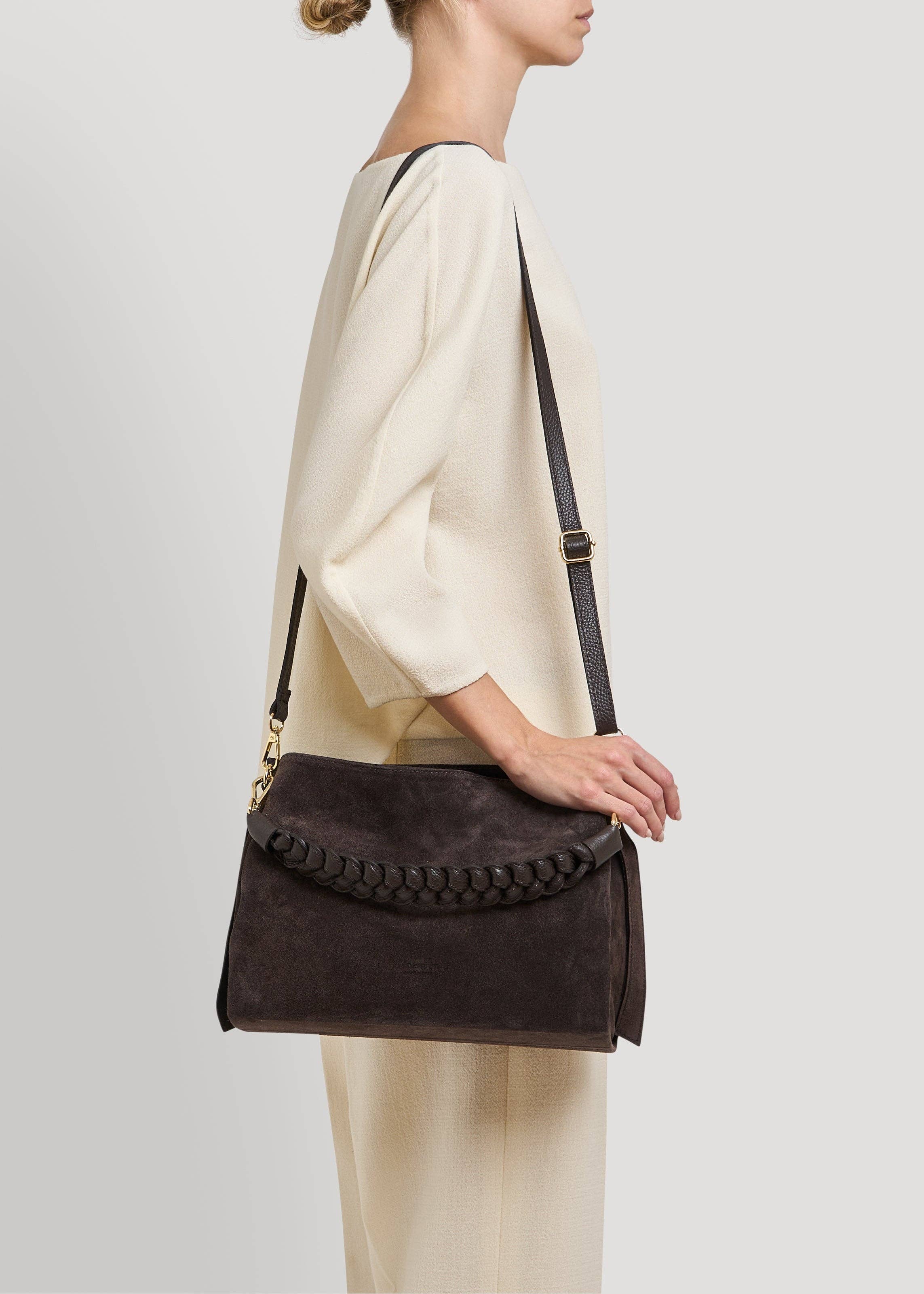 Voemièn - Wholesale Shoulder Bag - Women's - Braid Bag in Dark Brown Suede and Dollar Leather6