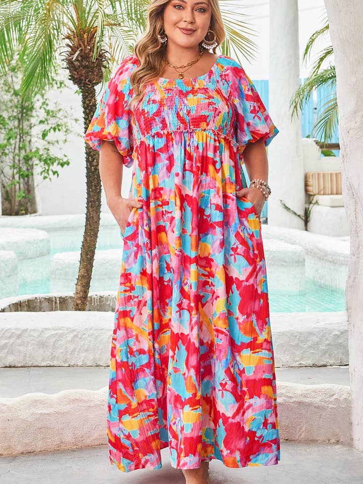 Rose Abstract Printed Puff Sleeve Square Neck Smocked Bust Tied Back Plus Size Dress for wholesale on Faire3