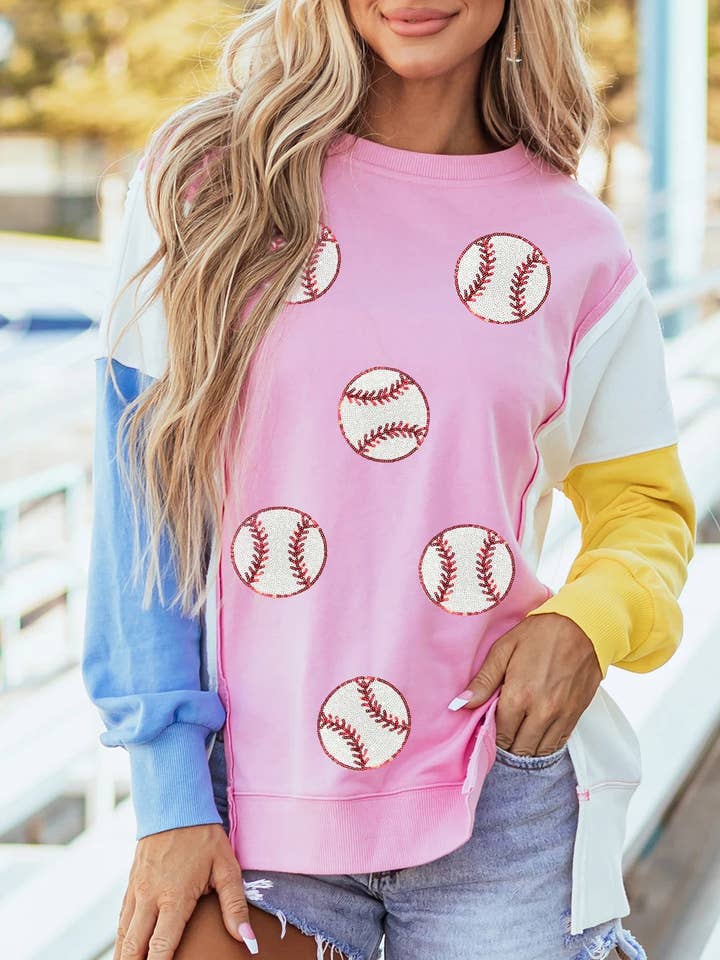 Bonbon Color Block Patchwork Sequin Baseball Patched Sweatshirt for wholesale by Lovesoft
