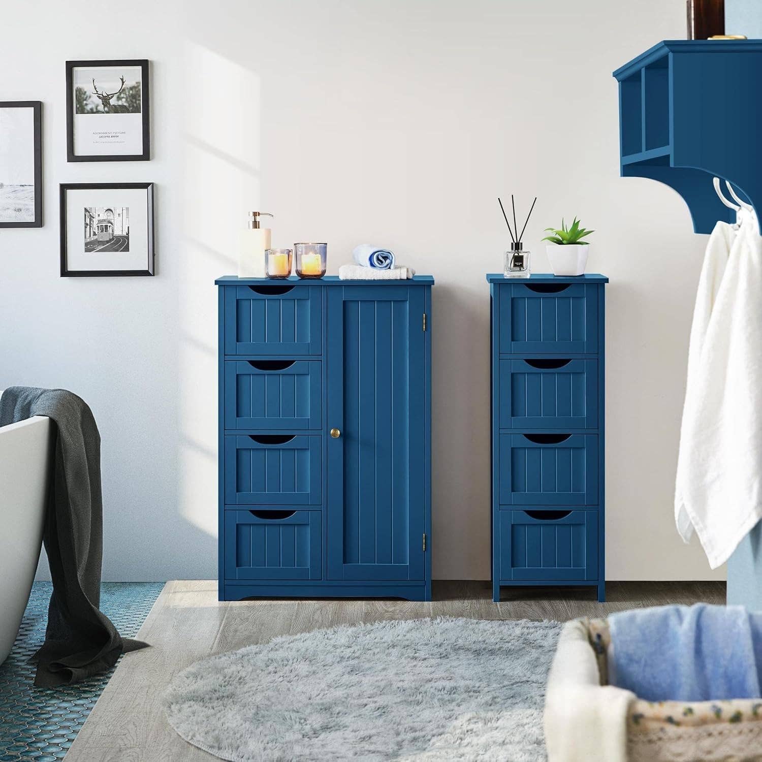 Navy Blue Wooden Bathroom Floor Cabinet With 4 Drawers And Cupboard for wholesale on Faire1