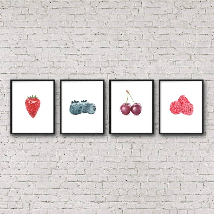 Akvarel Kirsebærmaleri, Køkken kunst, Frugt Print, Frugt Kunst, Akvarel Frugt, Kirsebær for engroshandel hos Emilie Taylor