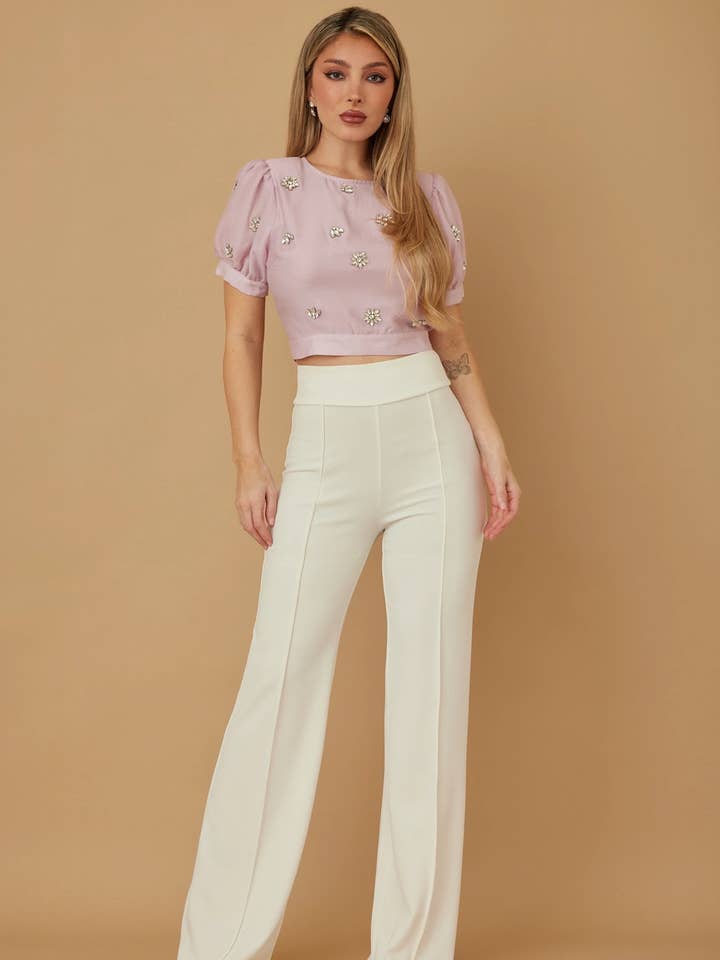 Glo Collective - Wholesale Blouse - Women's - CRYSTAL FLOWER STONES CROP TOP