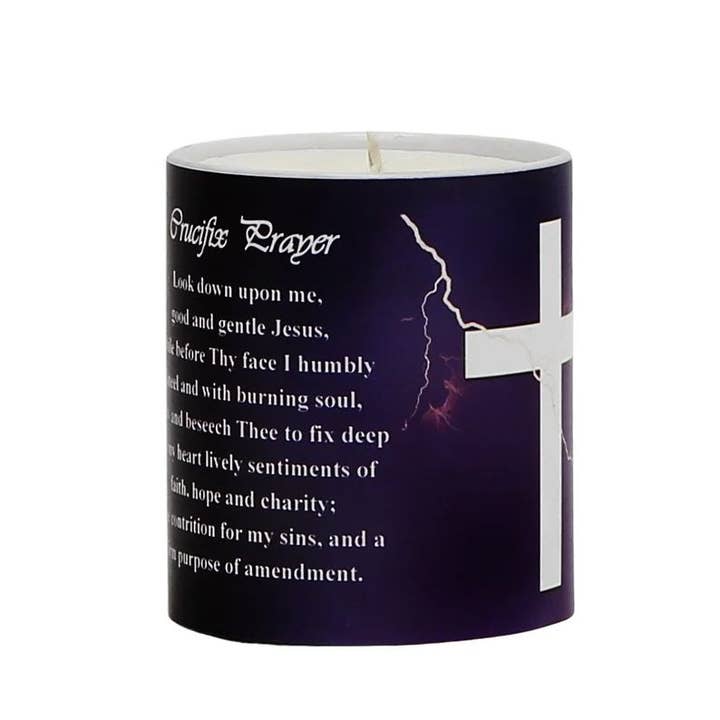 SublimArt - Wholesale Jar/Filled Candle - SUBLIMART: Prayer Candle - Porcelain Soy Wax Candle - The Easter White Crucifix on Purple Prayer