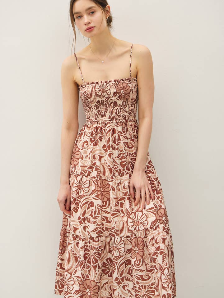 PRINTED FLORAL MIDI DRESS W/ SMOCKED BODICE for wholesale by Be Cool