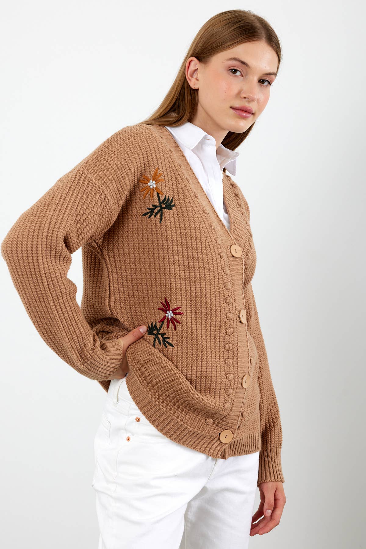 VAV NEW YORK - Vente Cardigan – femme - Cardigan en tricot à fleurs Cardigan en tricot mi-long - 38106