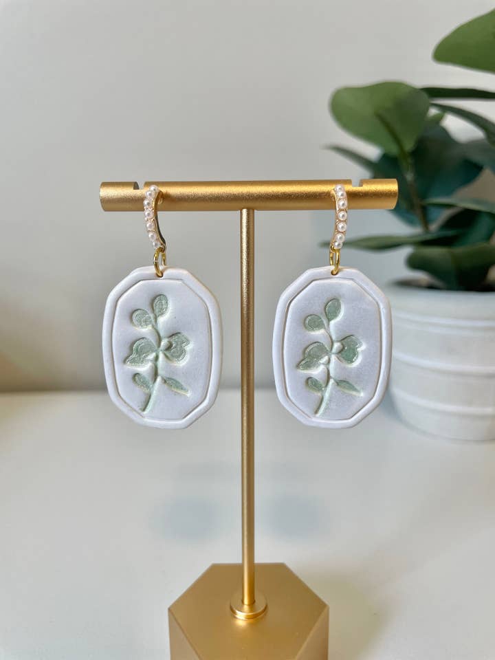 Embossed Eucalyptus Earrings for wholesale by Cozy Clay LLC