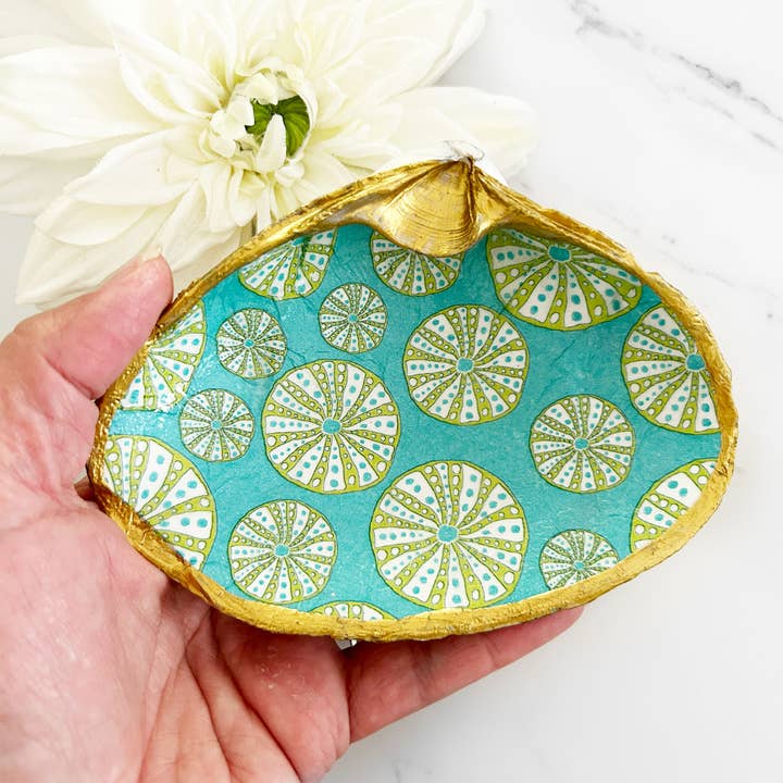 Sea Urchin Teal Background Decoupage Clam Shell Trinket Dish for wholesale by Adori Designs
