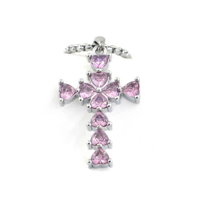 Blueyejewelry - Wholesale Pendant/Charm Necklace - Long Diamond Cross Necklace with Heart Shaped Stones2